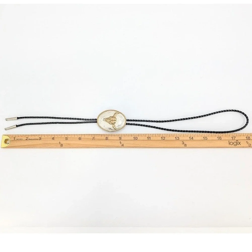 Vintage Western Bull Longhorn Skull Bolo Tie Silver Gold Tone Braided Cowboy